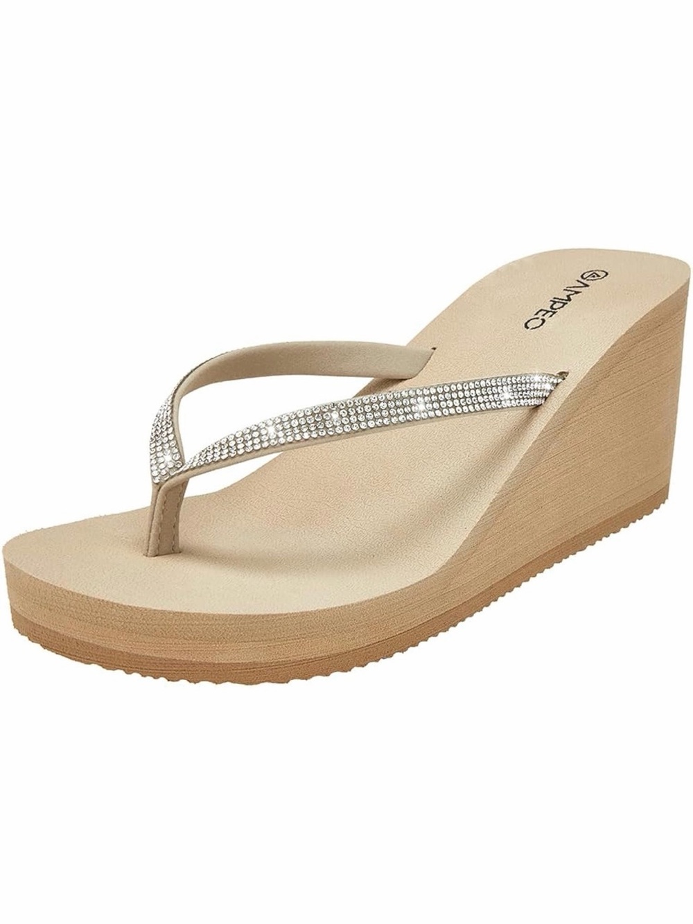 Women's Beige Wedge Flip Flop with Rhinestone Straps